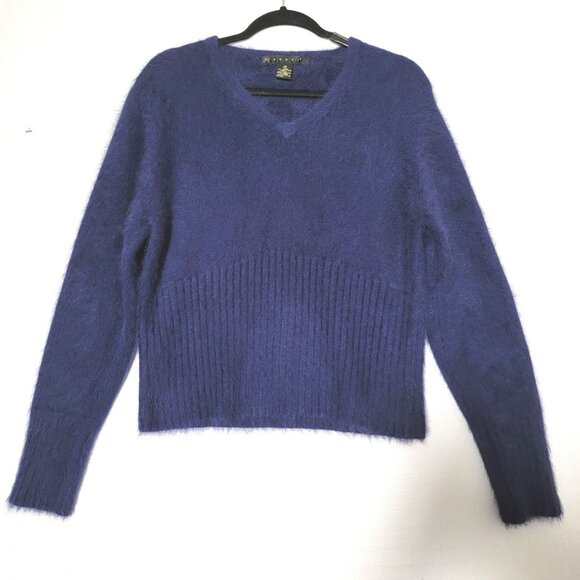 Tesori Womens Sweater Sz M Pullover Angora Blend Long Sleeve V-Neck Navy Blue - Picture 1 of 10
